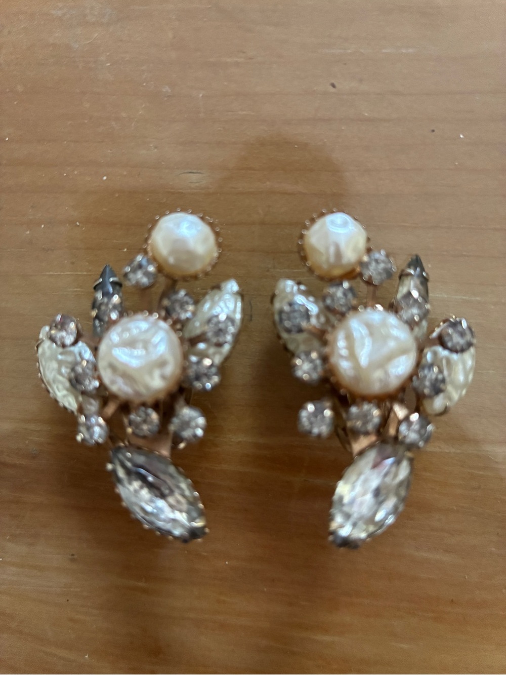 Vintage Costume Clip Earrings pearls marquise rhinestones